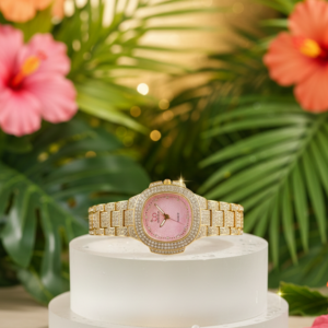 Two toned iced out women’s quartz watch black dial